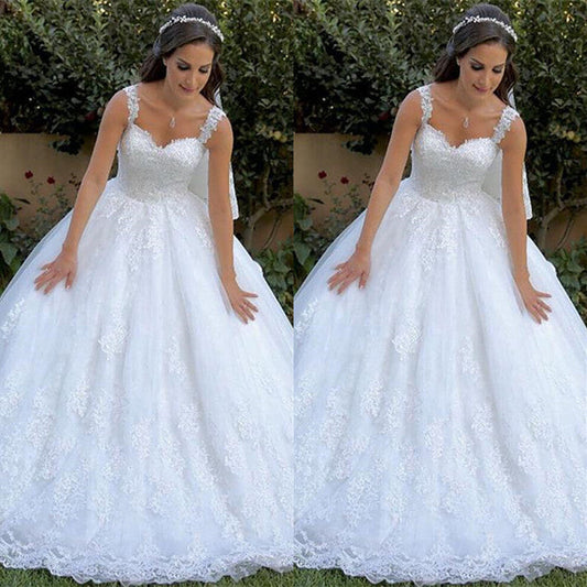 White Wedding Dress Tulle Lace Appliques Ball Gown Bridal Dress