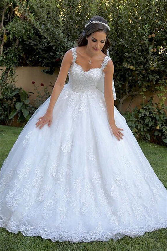 White Wedding Dress Tulle Lace Appliques Ball Gown Bridal Dress