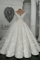 Ivory Wedding Dress Crew Neck Ball Gown Bridal Dress with Court Train