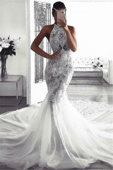 Classic Sleeveless Halter Wedding Dress Mermaid Tulle Bridal Dress