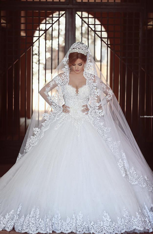 White Lace Ball Gown Wedding Dress Long Sleeves Bridal Gown