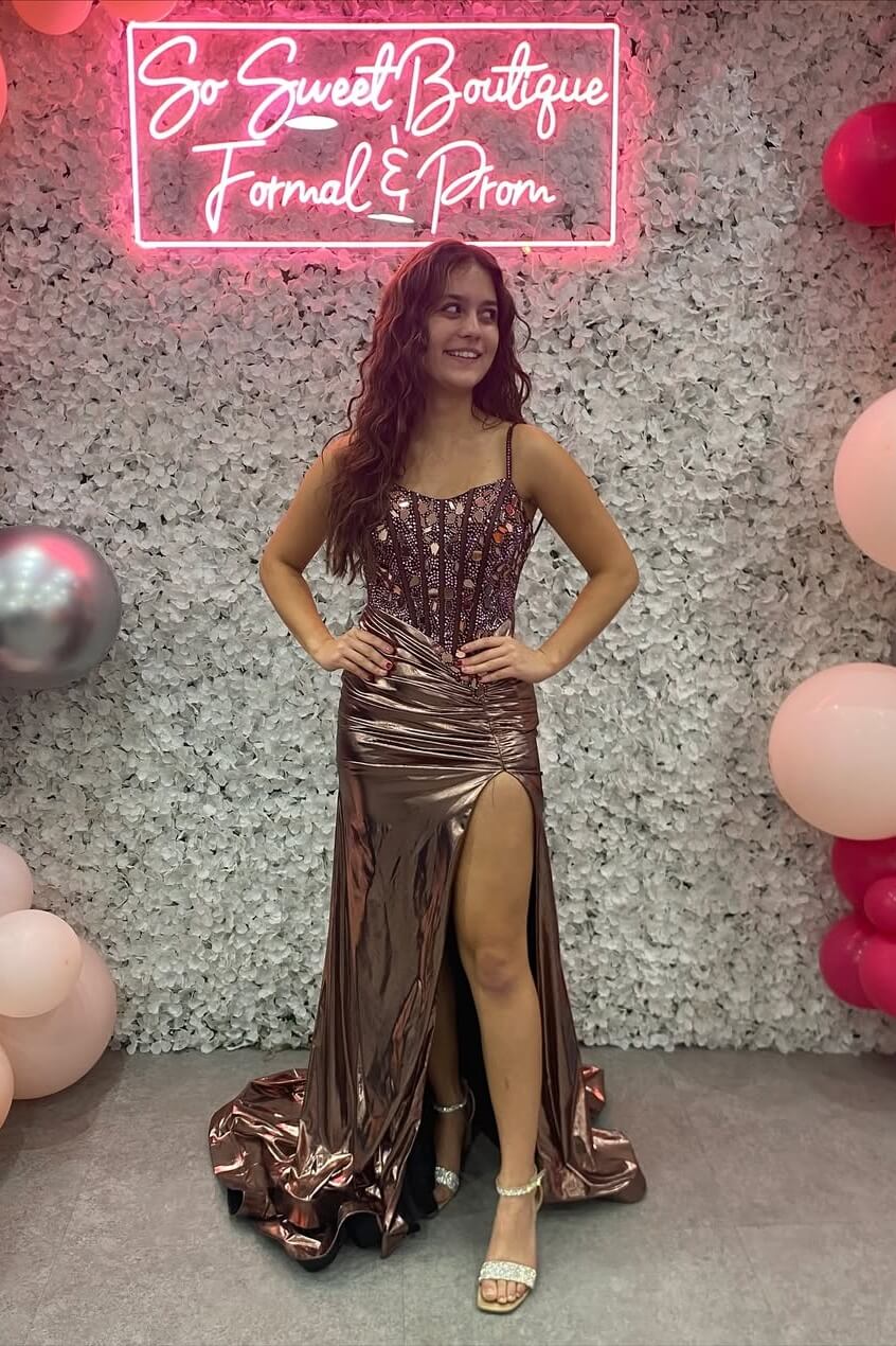 Dreamyannie Copper Sequined Mermaid Spaghetti Straps Long Formal Dress With Slit