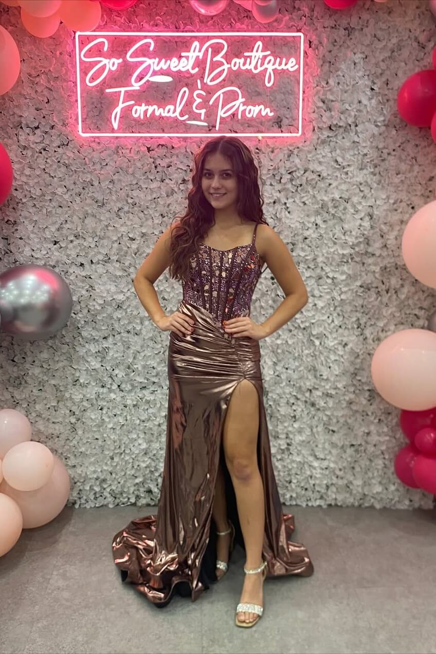 Dreamyannie Copper Sequined Mermaid Spaghetti Straps Long Formal Dress With Slit