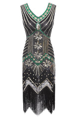 Gold Green Glitter Fringe Flapper 1920s Dress