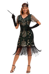 Black Silver V-Neck Batwing Sleeve Fringe 1920s Gatsby Dress