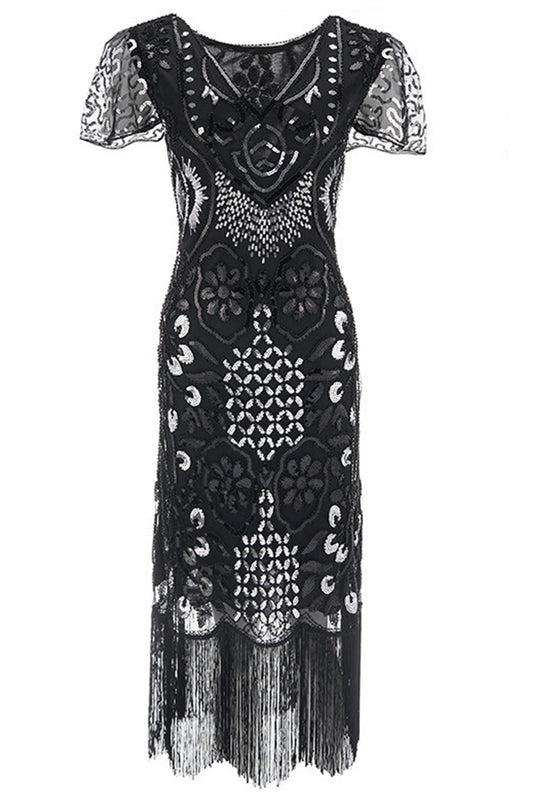 Black Silver V-Neck Batwing Sleeve Fringe 1920s Gatsby Dress