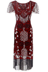 Red V-Neck Batwing Sleeve Fringe 1920s Gatsby Dress