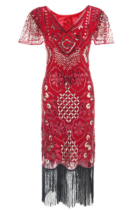 Red V-Neck Batwing Sleeve Fringe 1920s Gatsby Dress