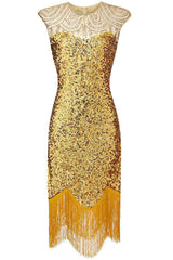 Yellow Sequin Dress Cap Sleeves Fringe 1920s Gatsby Dress