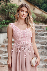 Dusty Rose Lurex Prom Dress V Neck Appliques A Line Formal Dress