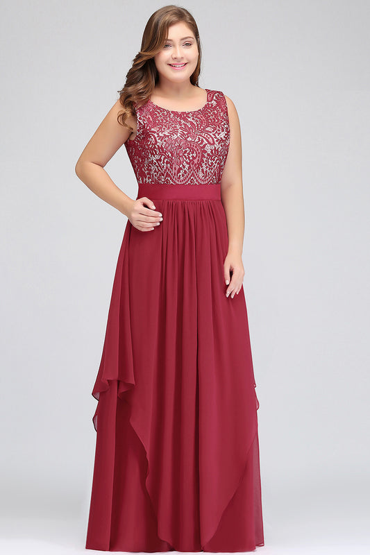 Burgundy Lace Chiffon Bridesmaid Dress Crew Neck Mother of the Bride Dress