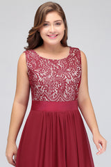 Burgundy Lace Chiffon Bridesmaid Dress Crew Neck Mother of the Bride Dress