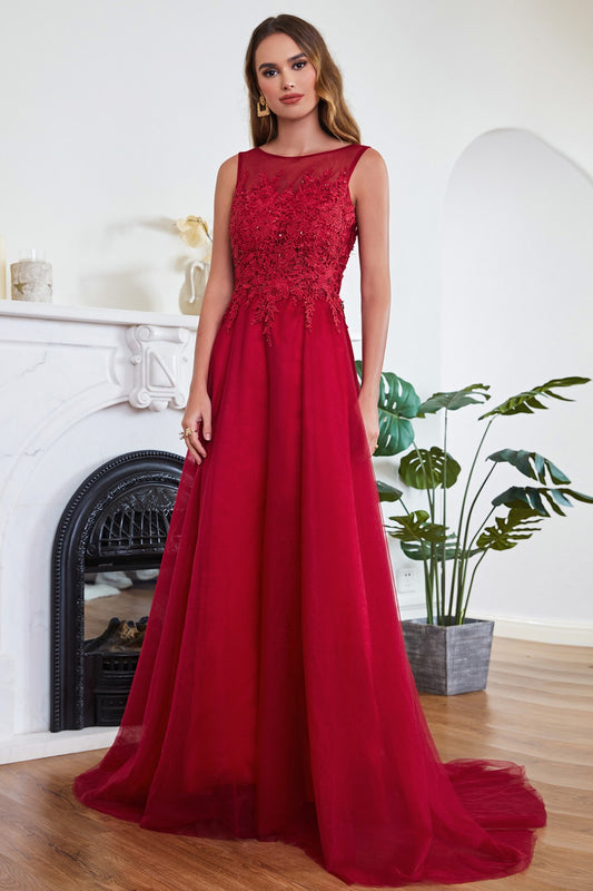 Red Formal Dress Crew Neck Lace Appliques Tulle Evening Dress