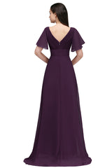 Burgundy Chiffon V Neck Bridesmaid Dress Batwing Sleeves Wedding Party Dress