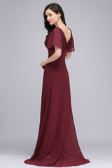 Burgundy Chiffon V Neck Bridesmaid Dress Batwing Sleeves Wedding Party Dress