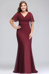 Burgundy Chiffon V Neck Bridesmaid Dress Batwing Sleeves Wedding Party Dress