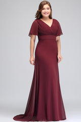 Burgundy Chiffon V Neck Bridesmaid Dress Batwing Sleeves Wedding Party Dress