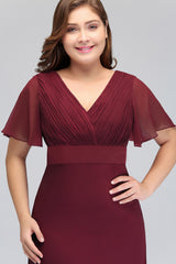 Burgundy Chiffon V Neck Bridesmaid Dress Batwing Sleeves Wedding Party Dress