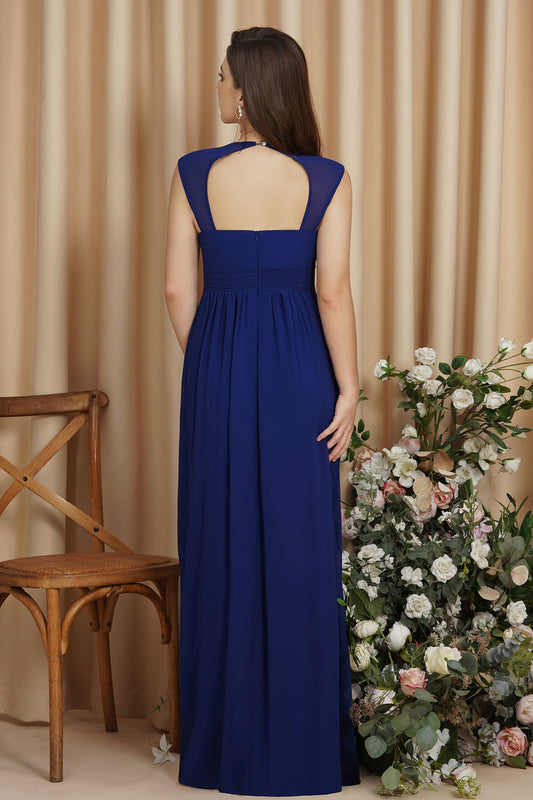 Royal Blue Empire Chiffon Bridesmaid Dress A Line Wedding Guest Dress with Chains