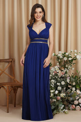 Royal Blue Empire Chiffon Bridesmaid Dress A Line Wedding Guest Dress with Chains