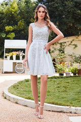 Silver V Neck Tulle Homecoming Dress Appliques A Line Short Prom Dress