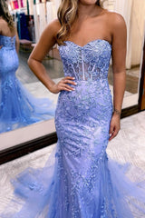 Light Blue Sweetheart Lace-Up Long Mermaid Prom Dress with Appliques