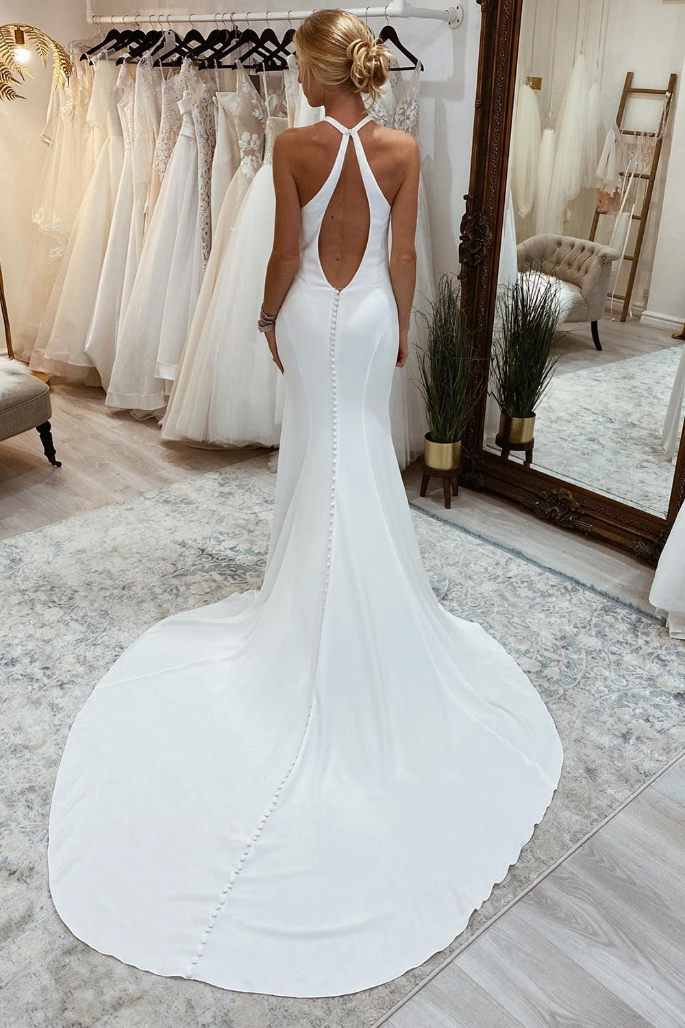 Effortless Simple White Halter Open Back Long Wedding Dress