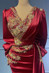 Burgundy Long Sleeve Mermaid Evening Dress with Bead Appliques and Ruffles