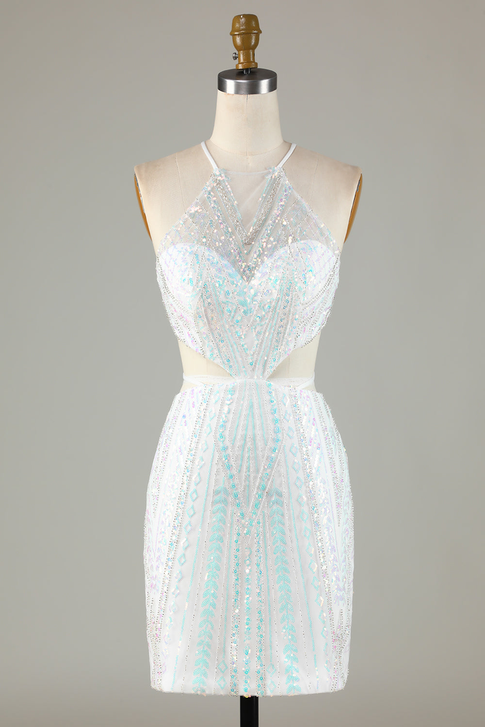 White Sequins Halter Tight Homecoming Dress with Lace-up Back