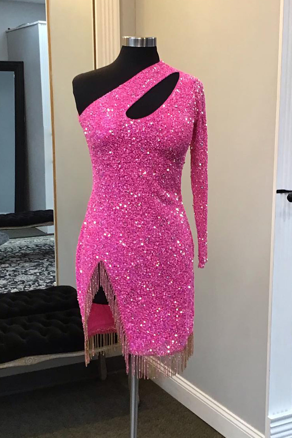 Sparkly Hot Pink Sequin Beaded Cut Out Tight Short Homecoming Dress with Fringes