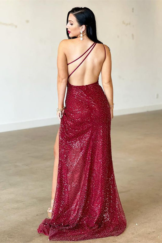 Burgundy One-Shoulder Split Mermaid Evening Dress with Backless