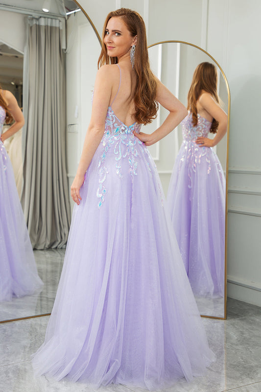 Lilac A Line Tulle Backless Long Prom Dress With Sequined Appliques