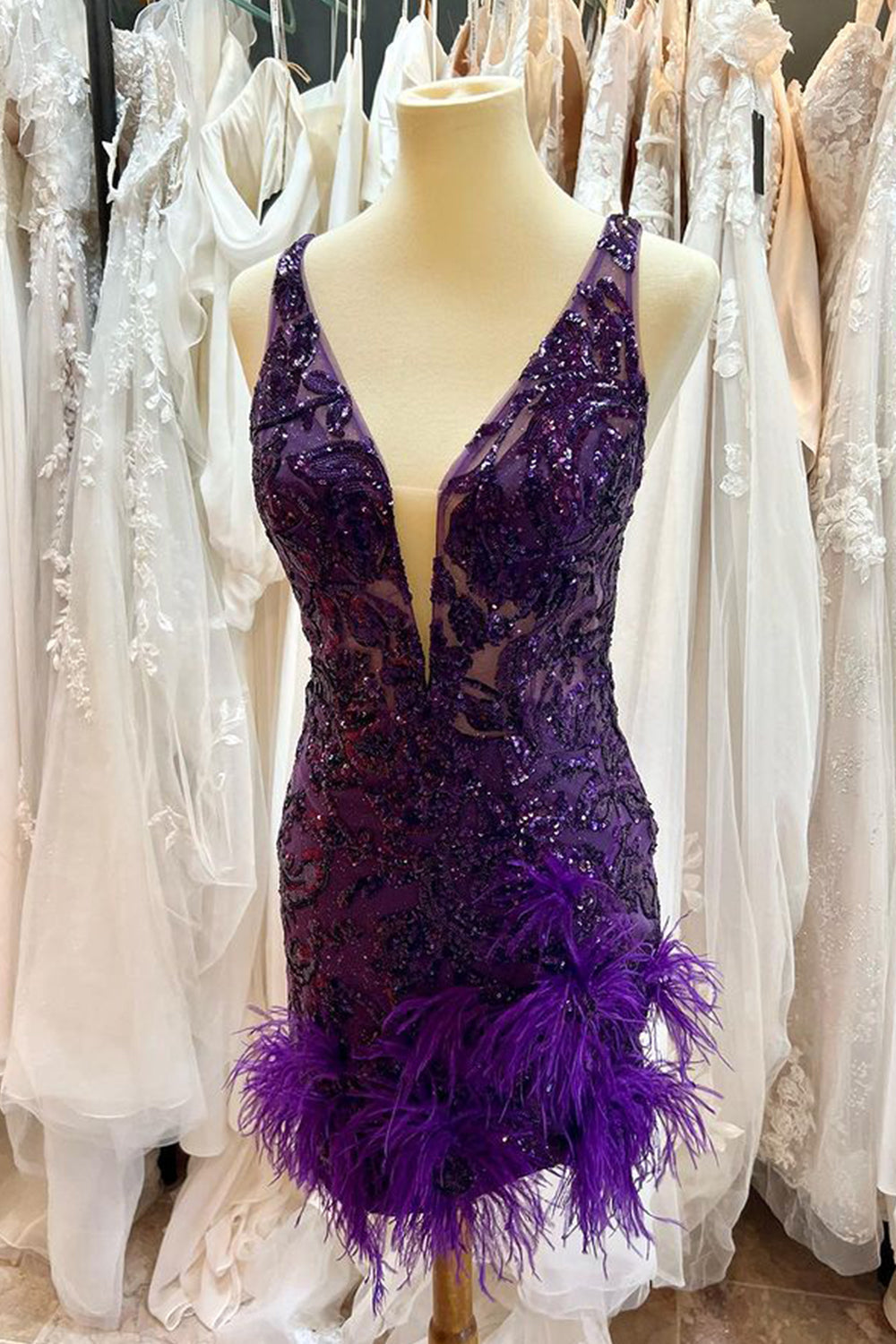 Sparkly Fuchsia Sequins Tight Short Homecoming Dress with Feathers