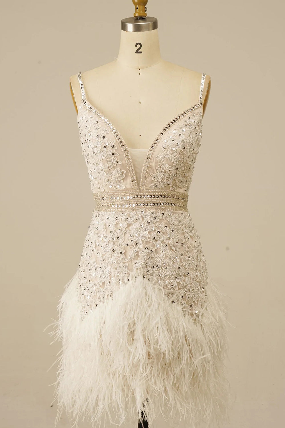 White Sequins Tight Short Homecoming Dress with Feathers