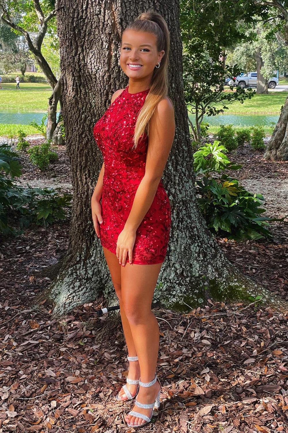 Sparkly Red Sequined Open Back Tight Short Homecoming Dress with Fringes