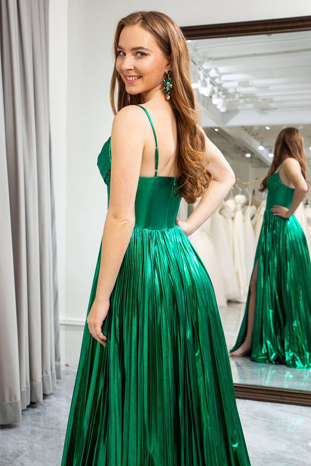 Glitter Dark Green A Line Spaghetti Straps Long Corset Prom Dress With Slit