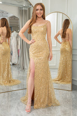 Glitter Golden Mermaid Backless Long Prom Dress With Slit