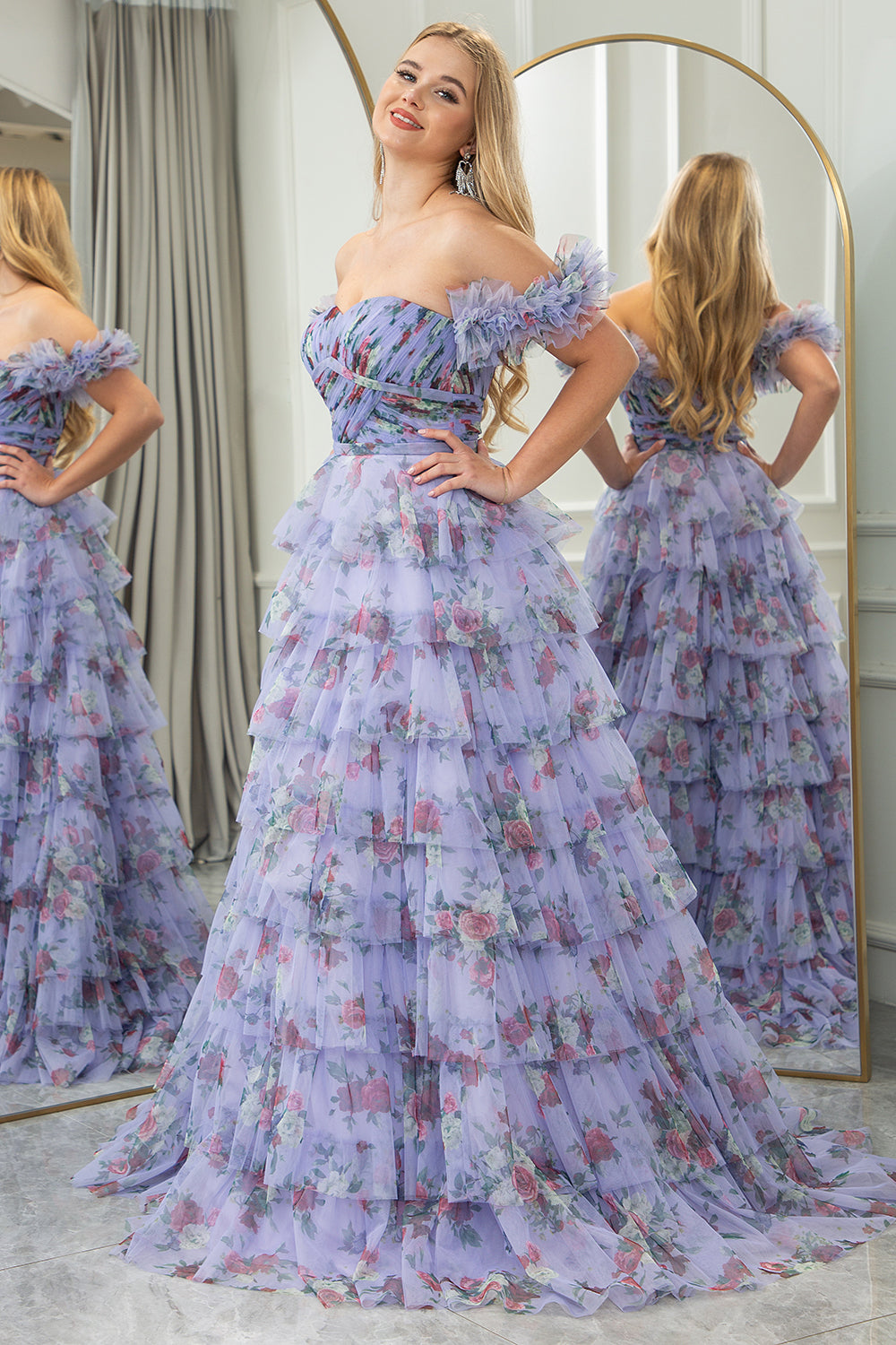 Lavender A Line Strapless Tiered Long Prom Dress With Feathers