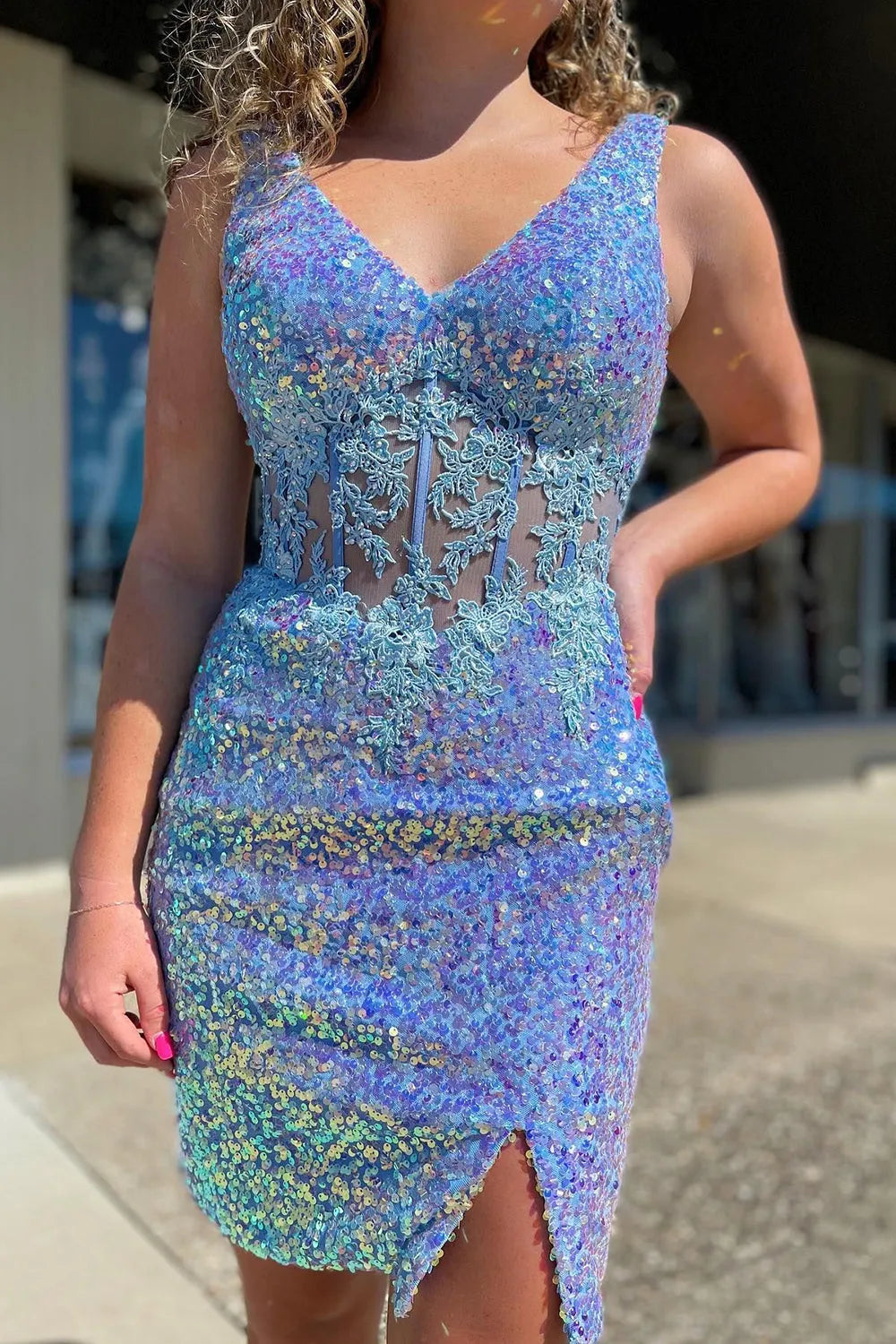 Sparkly Silver Corset Sequined Tight Short Homecoming Dress With Appliques