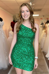 Sparkly Green Sequined One Shoulder Tight Short Homecoming Dress