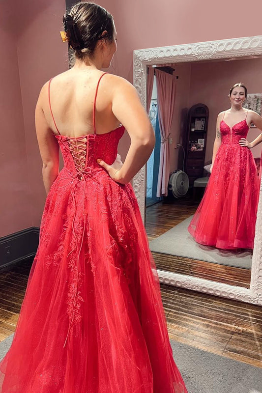 Red A-Line Corset Lace Long Prom Dress