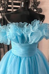 Fluffy Blue A-Line Strapless Ruffled Short Homecoming Dress