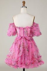 Fuchsia Floral A-Line Short Homecoming Dress