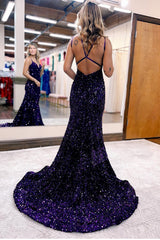 Sparkly Blue Mermaid Sequins Long Backless Prom Dress