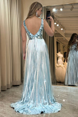 Glitter Silver Backless Long Mirror Prom Dress