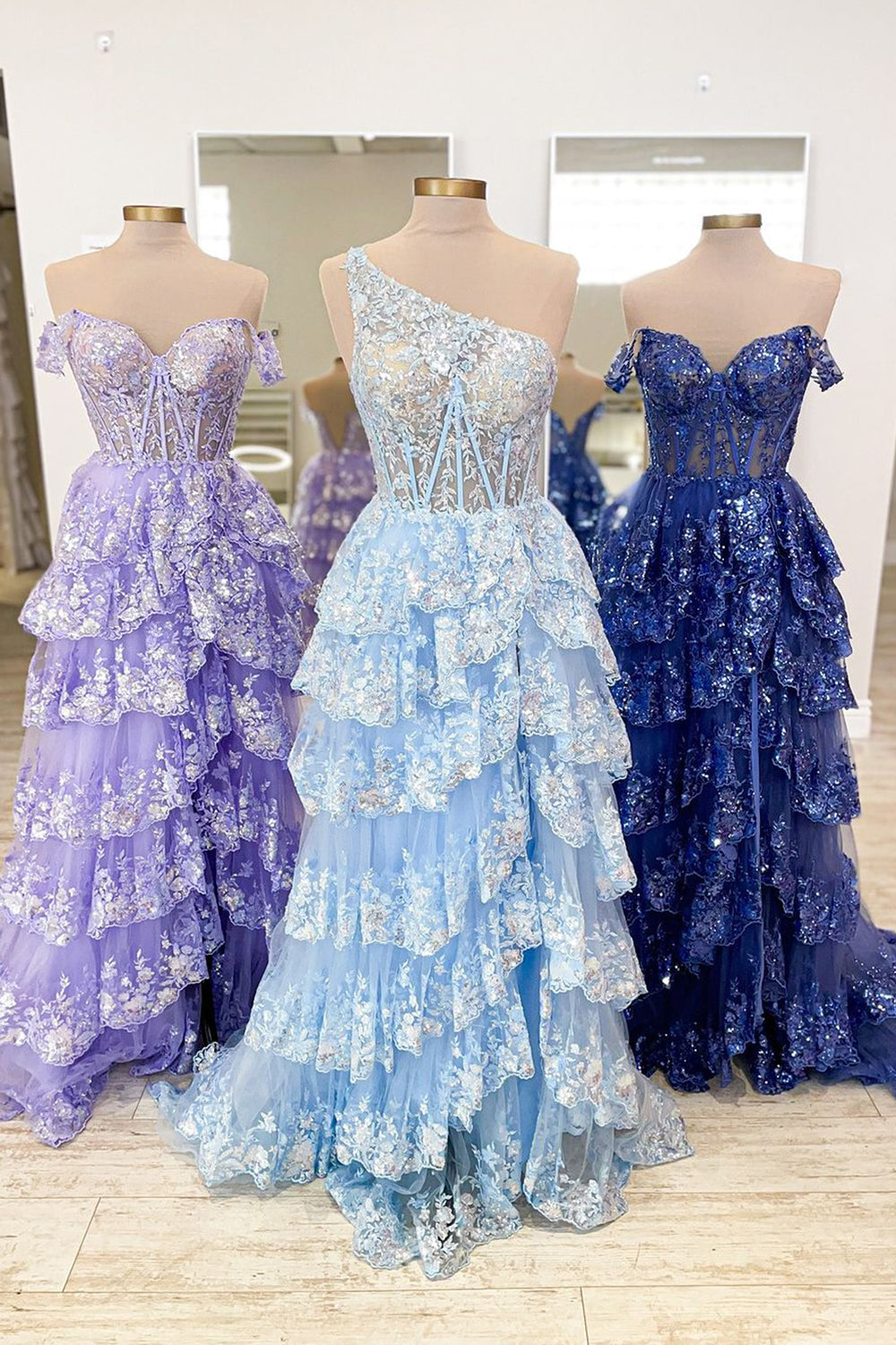 Sparkly Lilac One Shoulder Tiered Lace Long Prom Dress with Slit