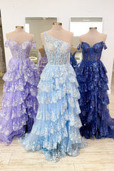 Sparkly Lilac One Shoulder Tiered Lace Long Prom Dress with Slit