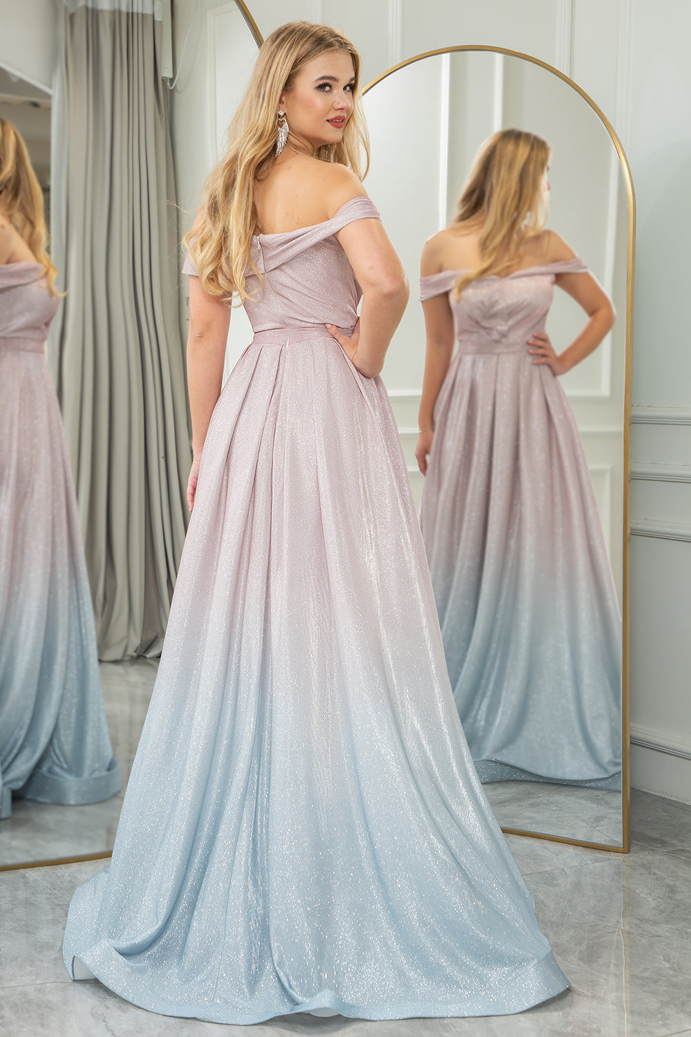 Blush A Line Off the Shoulder Long Prom Dress With Pleats