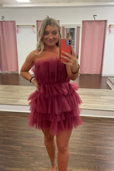 Pink Strapless A-Line Tiered Tulle Short Homecoming Dress