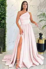 Vintage Light Pink One Shoulder Sleeveless Evening Dress with Slit